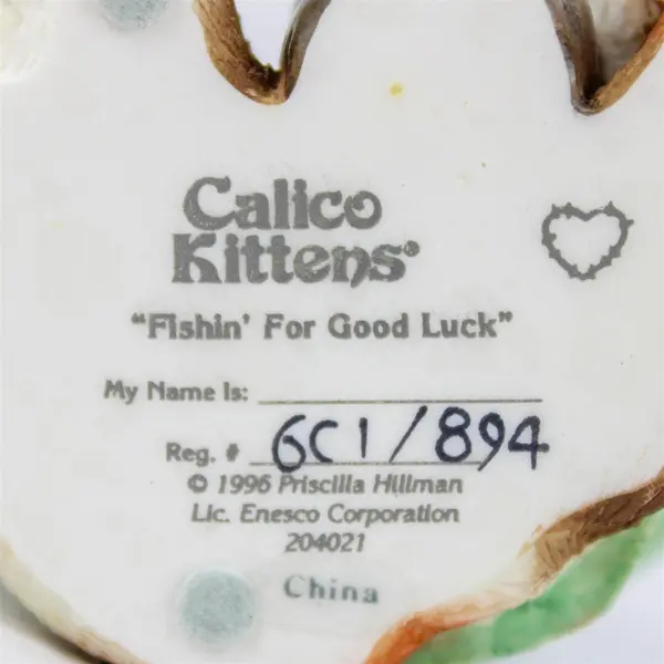 1996 Enesco Calico Kittens Fishin' For Good Luck Figurine #204021