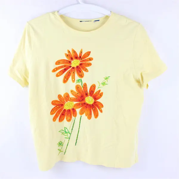 Unbranded Yellow Beaded Floral Patterned Short Sleeve T-Shirt Women's XL/XXL
