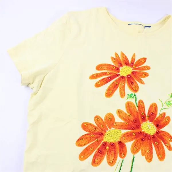 Unbranded Yellow Beaded Floral Patterned Short Sleeve T-Shirt Women's XL/XXL