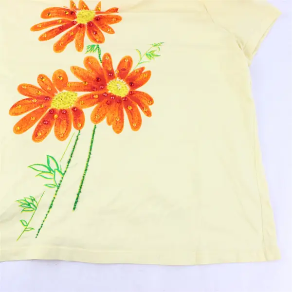 Unbranded Yellow Beaded Floral Patterned Short Sleeve T-Shirt Women's XL/XXL