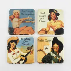4 Vintage Lyon Design Inc Ceramic Cowgirl Coasters With Cork Backs 4"