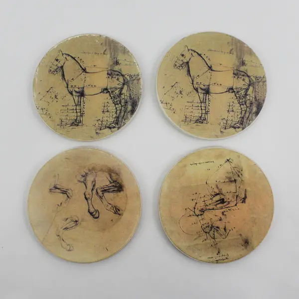 Set of 4 Bayer Leonardo Da Vinci Horse Sketch Ceramic Coasters 4"