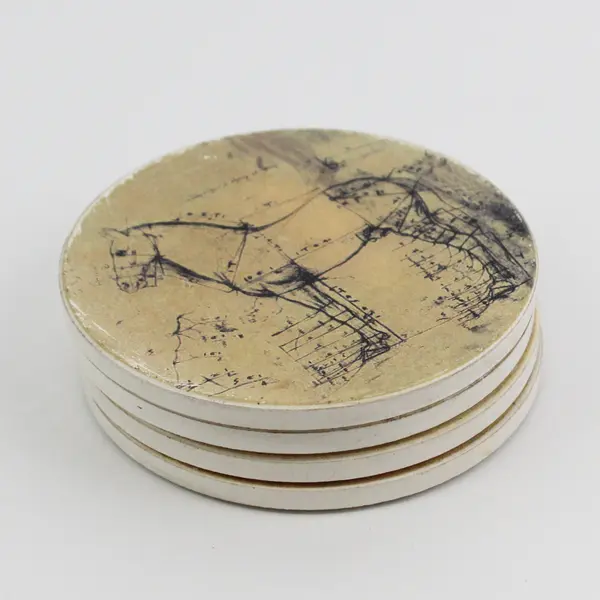Set of 4 Bayer Leonardo Da Vinci Horse Sketch Ceramic Coasters 4"