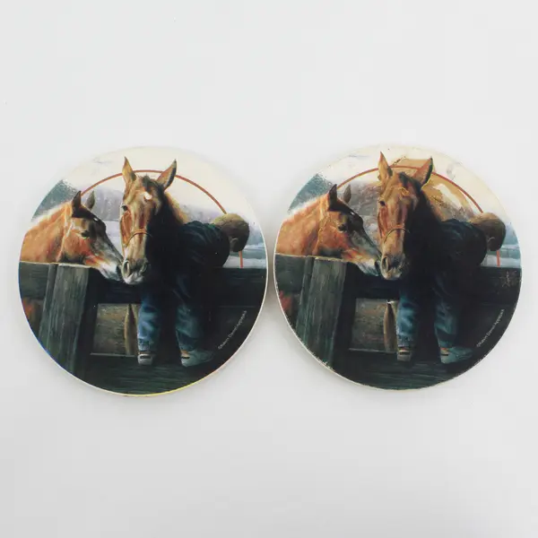 2 Vtg Round Ceramic Coasters Featuring The Print Grandpa's Farm by Kevin Daniel