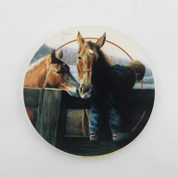 2 Vtg Round Ceramic Coasters Featuring The Print Grandpa's Farm by Kevin Daniel