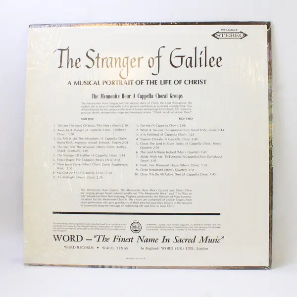 Mennonite Hour Choral Groups - The Stranger of Galilee 12" Vinyl Record 