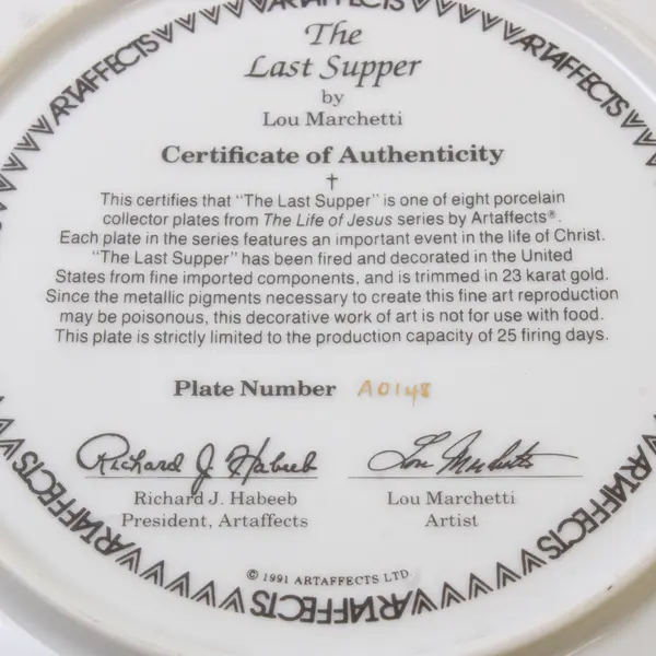 Artaffects The Last Supper by Lou Marchetti 1991 Collector Plate 8"