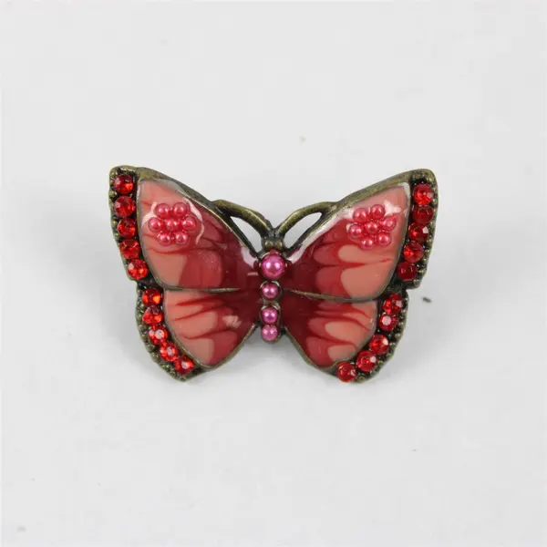 Vintage Butterfly Lovely Enamel Brooch Pink & Red Rhinestones, 1"x1.8" 