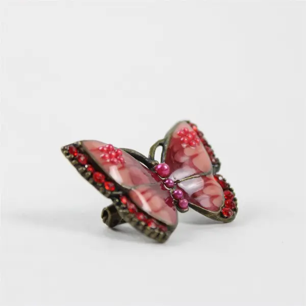 Vintage Butterfly Lovely Enamel Brooch Pink & Red Rhinestones, 1"x1.8" 