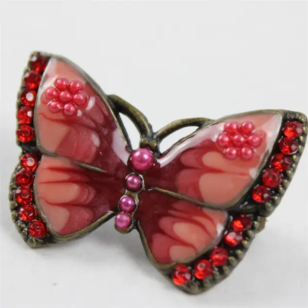Vintage Butterfly Lovely Enamel Brooch Pink & Red Rhinestones, 1"x1.8" 