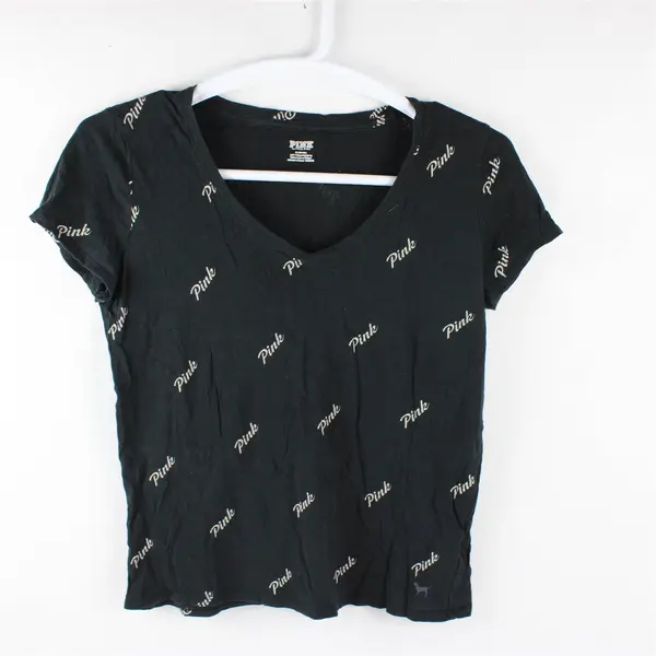 Pink Brand Solid Black Color W/ "Pink" Printed Short Sleeve T-Shirt Women's Sz M