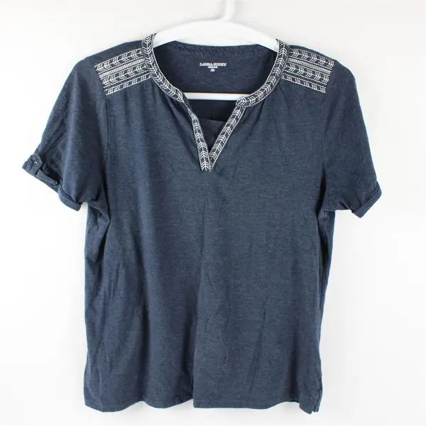 Laura Scott Solid Blue Color Embroidered Short Sleeve T-Shirt Women's Size XL