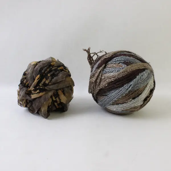 1 Ball of Wool and 1 Ball of Fabric Ribbon Brown and Blue Shades 
