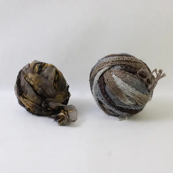 1 Ball of Wool and 1 Ball of Fabric Ribbon Brown and Blue Shades 