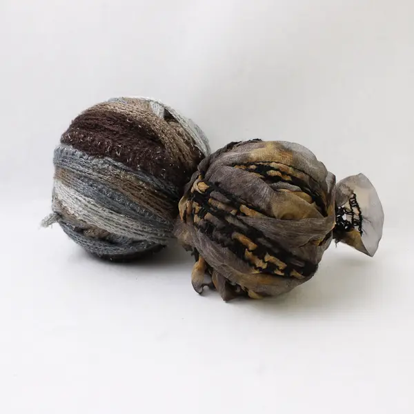 1 Ball of Wool and 1 Ball of Fabric Ribbon Brown and Blue Shades 