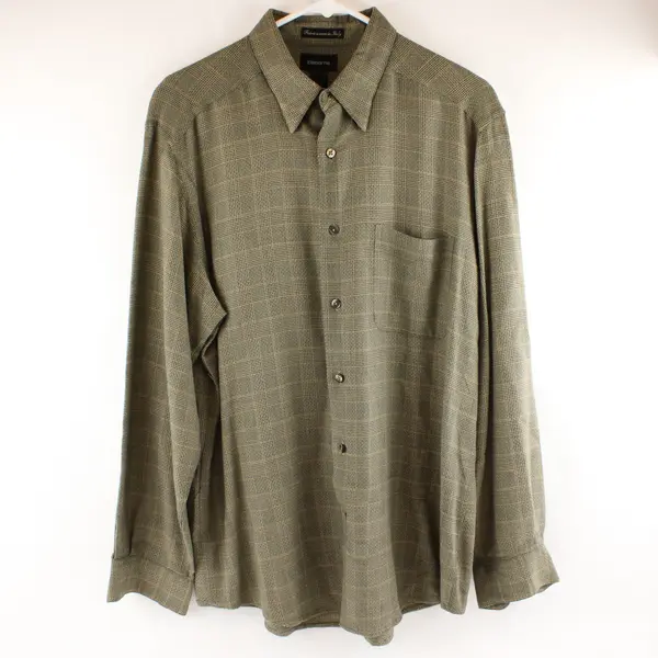 Claiborne Men's Sage Green Plaid Long Sleeve Button-Up Shirt L