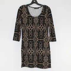 French Atmosphere Brown/Black Quarter Length Sleeve Shirt Dress Women's Size S/M