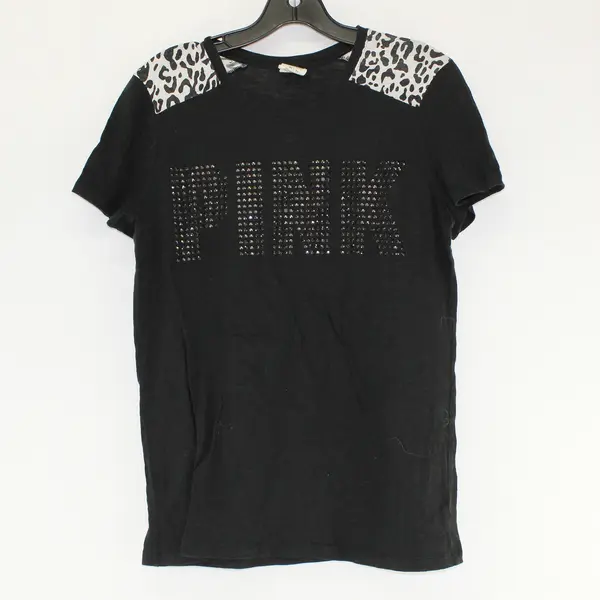 Pink Victoria's Secret Black Bedazzled Short Sleeve Shirt Top Women's Size XS