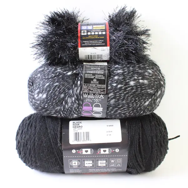 Lot of 2 Skeins of Black Yarn & 1 of Black Festive Fur, New 