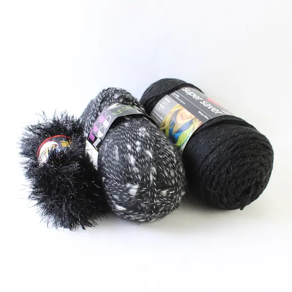 Lot of 2 Skeins of Black Yarn & 1 of Black Festive Fur, New 