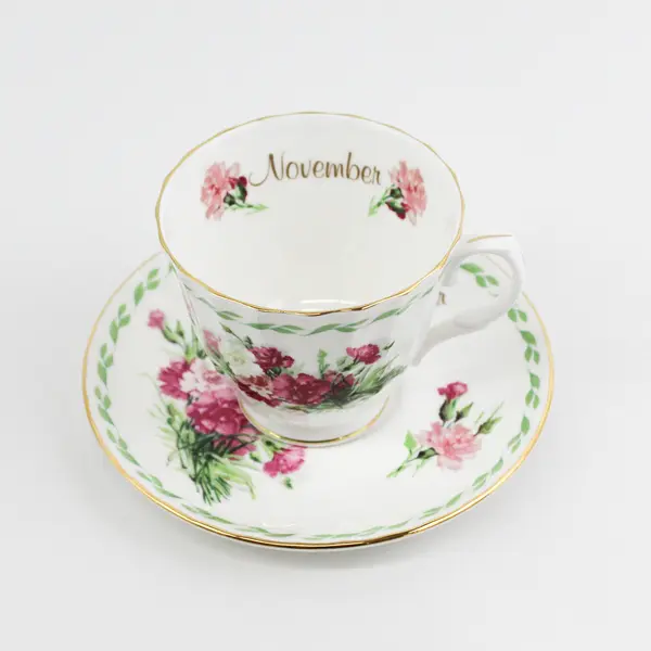 Duchess Bone China November footed Cup And Saucer Set Pink And White Carnations