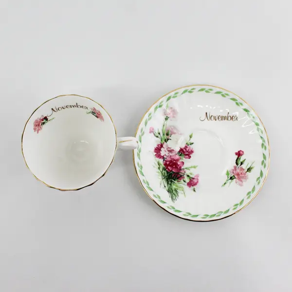 Duchess Bone China November footed Cup And Saucer Set Pink And White Carnations