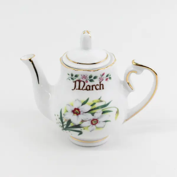 E& R Golden Crown Germany Mini March Birthday Teapot White Daffodil 3.5"