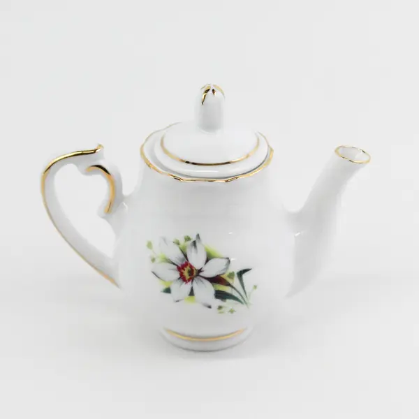 E& R Golden Crown Germany Mini March Birthday Teapot White Daffodil 3.5"