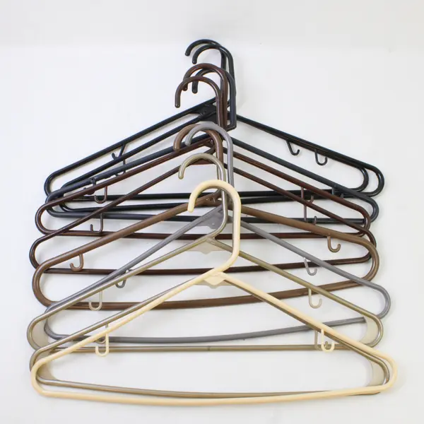 Mixed Lot of 10 Plastic Clothes Hangers with Strap Hooks Beige Brown Black Gray