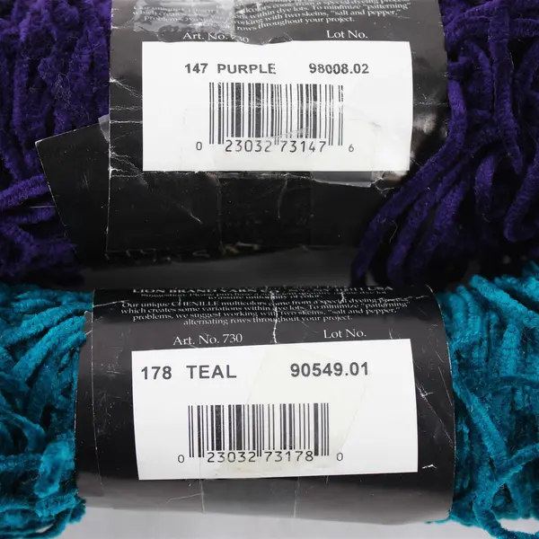 Lot of 2 Skeins of Lion Brand Chenille Sensations Yarn, Teal & Purple 