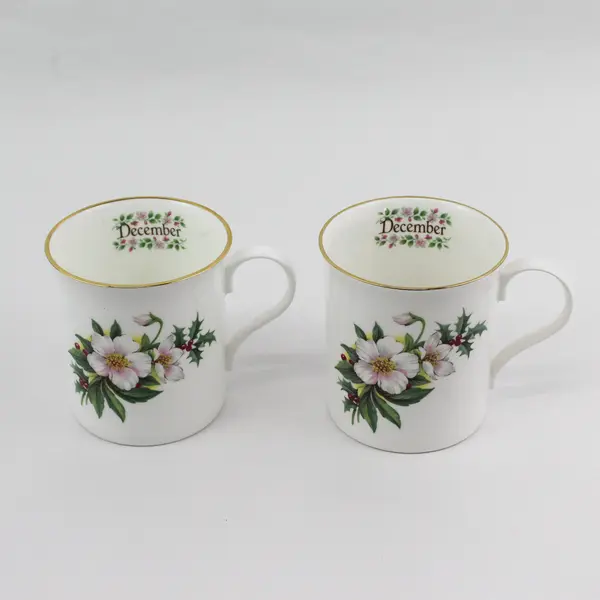 Lot of 2 Crown Trent Bone China Flower of The Month December Holly Coffee Mugs