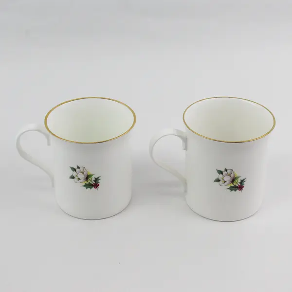 Lot of 2 Crown Trent Bone China Flower of The Month December Holly Coffee Mugs