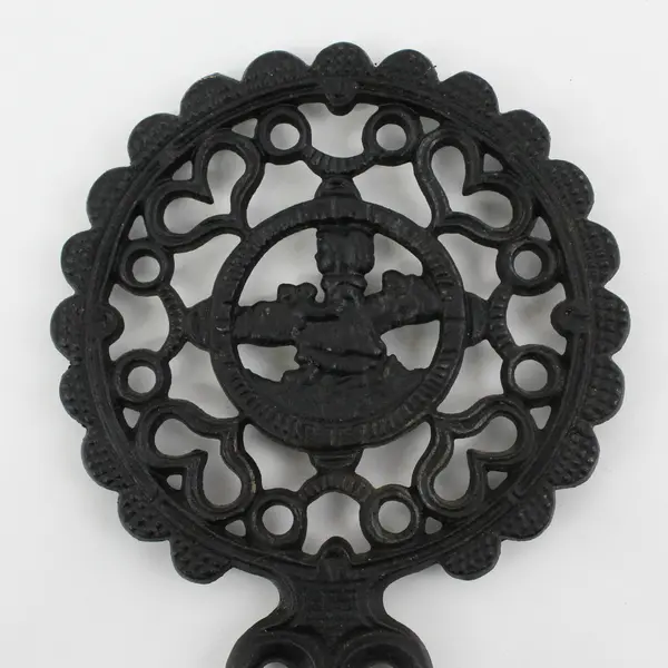 Vintage 1952 J.Z.H. Heart Design Scalloped Edge Cast Iron Folk Art Trivet 9"