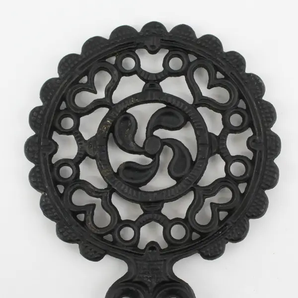 Vintage Scalloped Edge Cast Iron Folk Art Trivet 9" Marked 104
