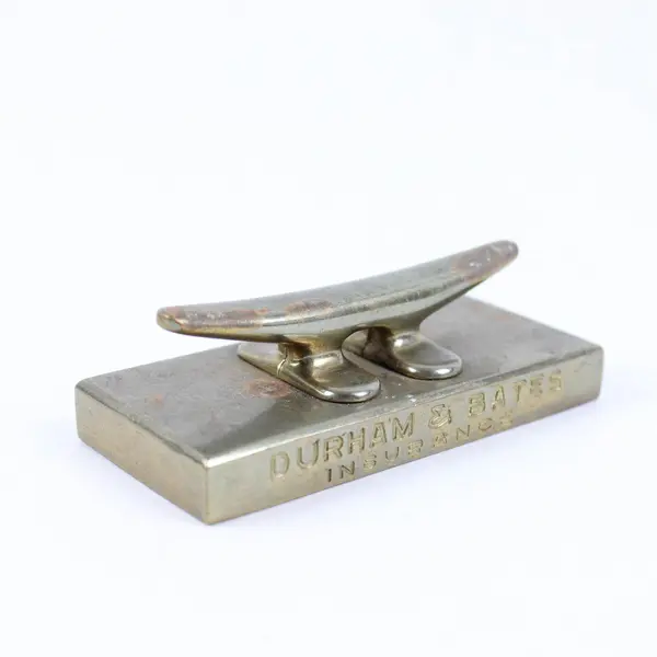 Vintage Boat Dock Brass Cleat  Paperweight Advertising Durham & Bates Insurance