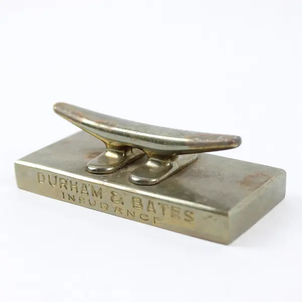 Vintage Boat Dock Brass Cleat  Paperweight Advertising Durham & Bates Insurance