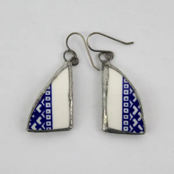 Handmade Blue and White Repurposed Pottery Shards Dangle Earrings