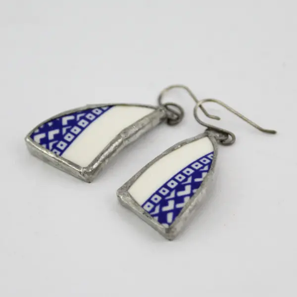 Handmade Blue and White Repurposed Pottery Shards Dangle Earrings