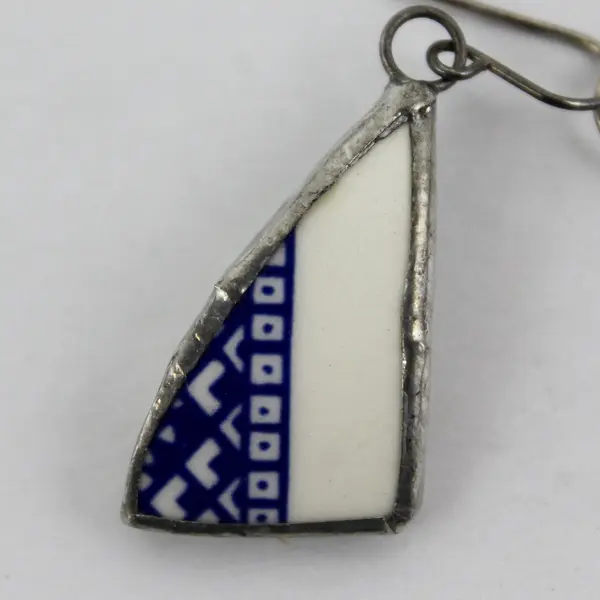 Handmade Blue and White Repurposed Pottery Shards Dangle Earrings