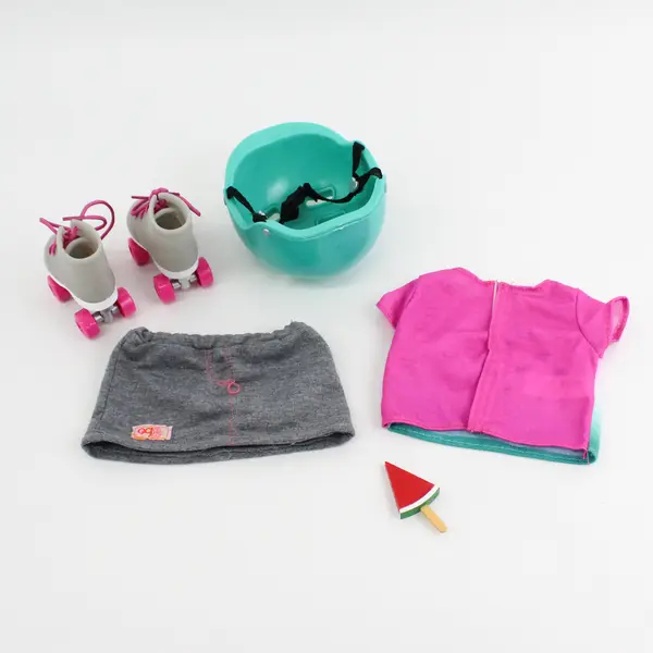 6 Pc Lot Our Generation 18" Doll Roller Skating Outfit and Accessories