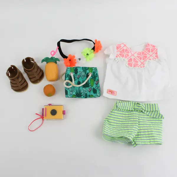 9 Pc Lot Our Generation 18" Doll Girl Vacation Outfit and Accessories