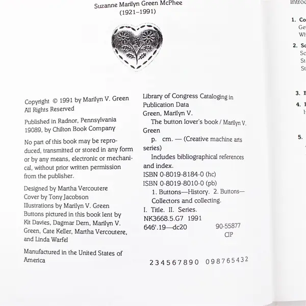 Vintage The Button Lover's Book by Marilyn Green 1991 Paperback Good