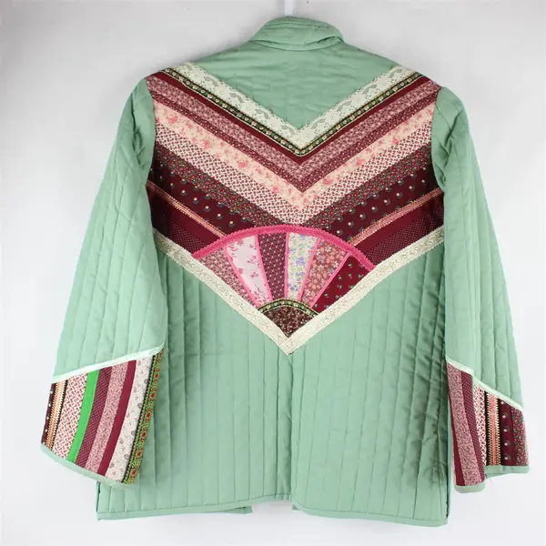 Vtg Handmade Adult L/XL Green Multicolor Quilted Patchwork Coat
