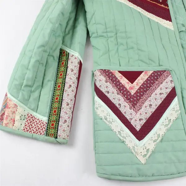 Vtg Handmade Adult L/XL Green Multicolor Quilted Patchwork Coat