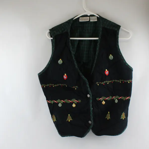 Vintage Basic Editions Women's L Green/Black Plaid 100% Cotton Christmas Vest