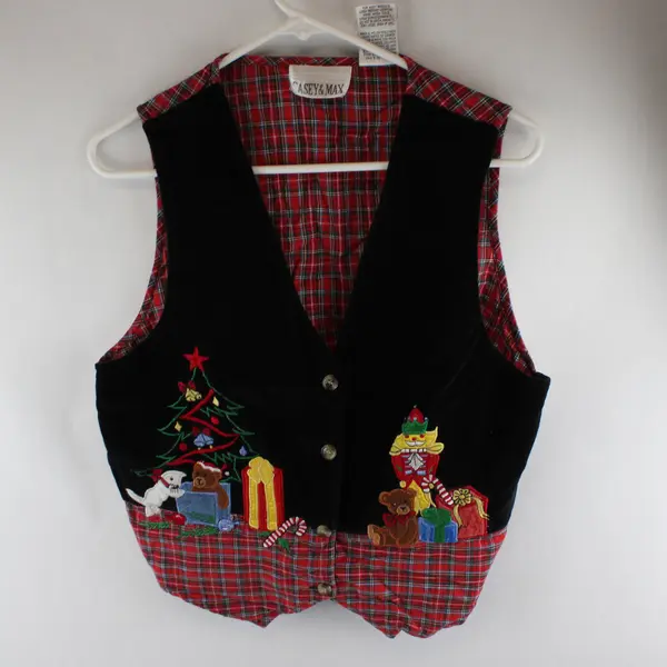 Vtg Casey & Max Women's M Red Plaid Velvet Christmas Embroidered Vest