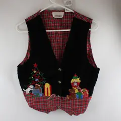 Vtg Casey & Max Women's M Red Plaid Velvet Christmas Embroidered Vest