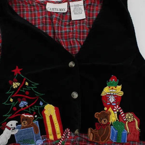 Vtg Casey & Max Women's M Red Plaid Velvet Christmas Embroidered Vest