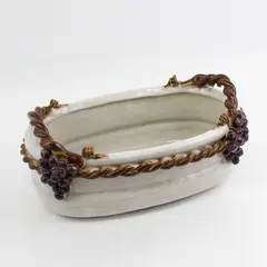 Vintage Open Oval Ceramic Serving Dish w/Basket Weave Rim Grapes Design, #C33