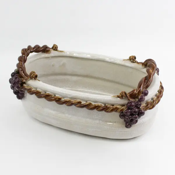 Vintage Open Oval Ceramic Serving Dish w/Basket Weave Rim Grapes Design, #C33